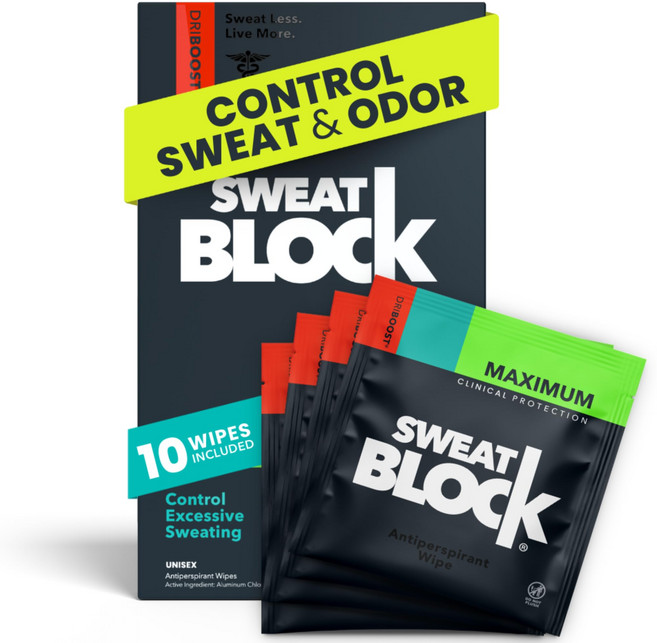 SweatBlock 데오드란트 물티슈 땀 발한 억제제 - 다한증 위한 사용 당 최대 7 일간 발생 감소, 1개