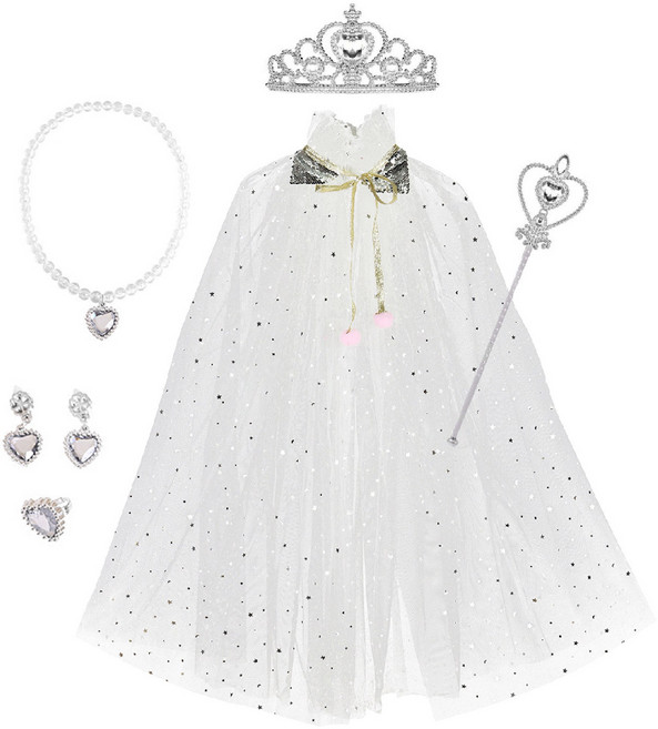 [청춘교복] 공주 생일 파티 용품 5종세트+망토 축하 브라이덜샤워 연말 선물 소품 프린세스 코스튬 주얼리 왕관 요술봉 목걸이 액세사리, 1개, 화이트