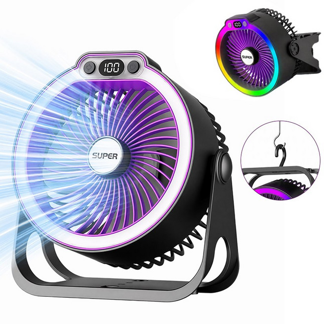 Craftsy LED 무드 조명 탁상용 선풍기 360도 상하회전 BLDC 모터 캠핑 사무실 걸이형 휴대용 무선 저소음 대용량 배터리 선풍기, 진회색, K8