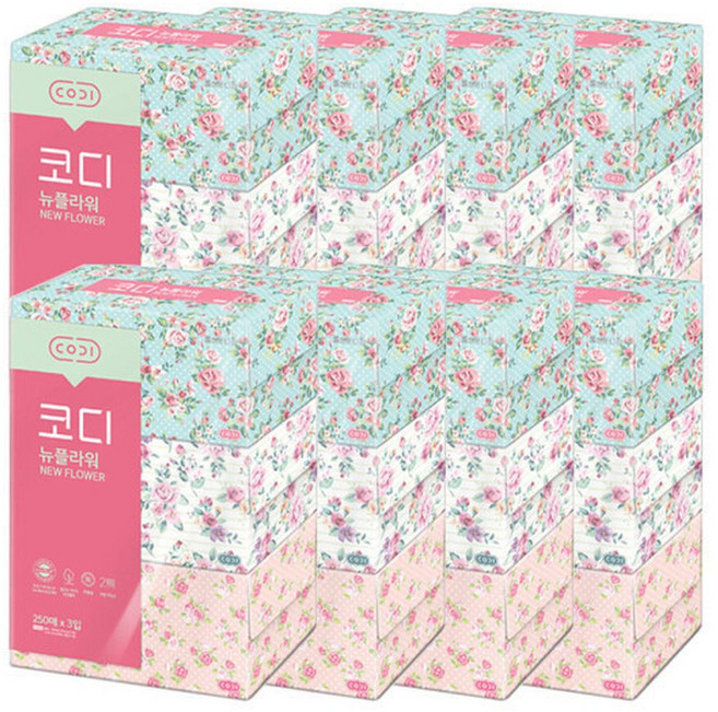코디 뉴플라워 미용티슈 250매 3입 x 8팩 각티슈, 8박스