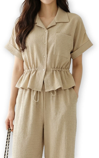 메리앤유 소프트 엠보 패턴 카라 반팔 셔츠 와이드 팬츠 2종 세트 셋업