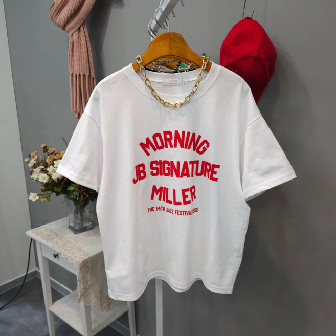 여성용 밀르 레터링 라운드넥 면100% 기본핏 반팔티