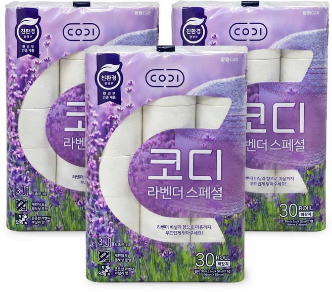 코디 3겹 라벤더 스페셜 롤화장지, 30m, 30롤, 3개
