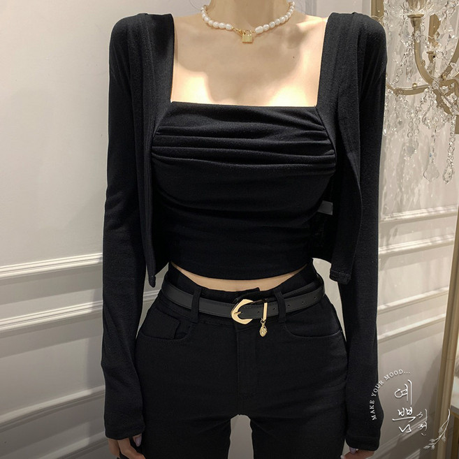 예쁨시전 [투피스] 슬림라인 셔링 스퀘어넥 크롭 나시 가디건 세트