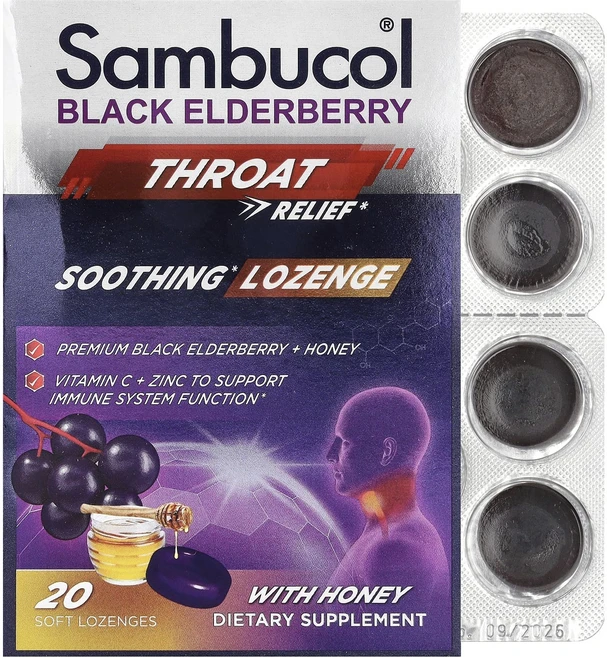 Sambucol 블랙 엘더베리 인후 완화 꿀 함유 진정 소프트 사탕 정제 20정, Sambucol 블랙 엘더베리 인후..., 1개 - 쿠팡