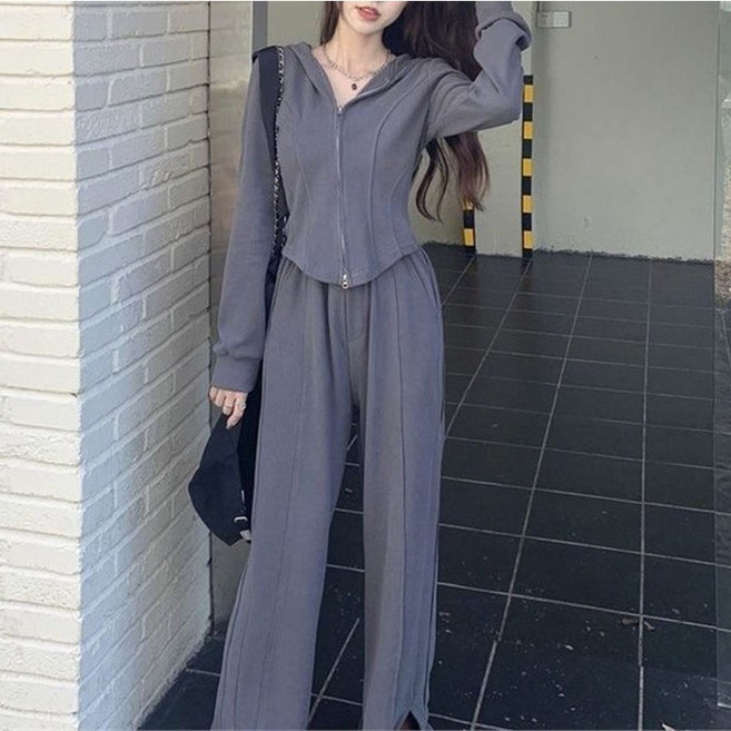 FANSYLI 여성 트레이닝복 세트 봄 가을 심플 루즈핏 운동복 세트 후드 슬림 지퍼 점퍼+하이웨이스트 와이드 팬츠 투피스 데일리 아웃도어 스포츠 상하 세트 XR2512D22