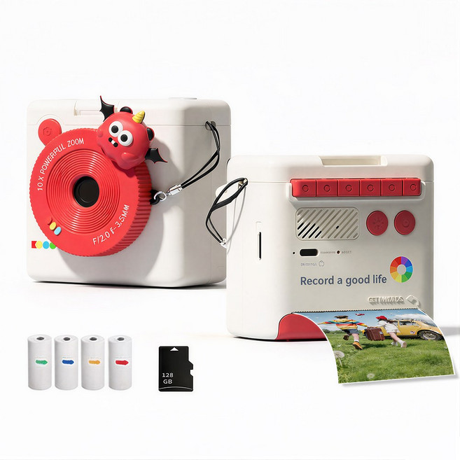 프린트 카메라 즉석카메라128GB SD카드+카드리더기+인화지4롤 포함, 레드