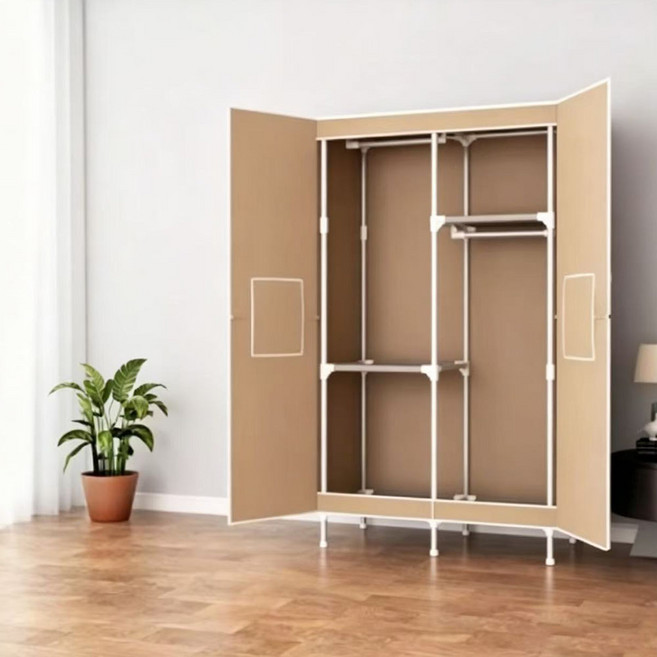 磁吸雙開門防塵布衣櫃 落地掛衣架 淺咖色 86x45x170公分 學生宿舍簡易衣櫥, 淺咖色 拉門款86*45*170 無抽屜, 淺咖色 拉門款
