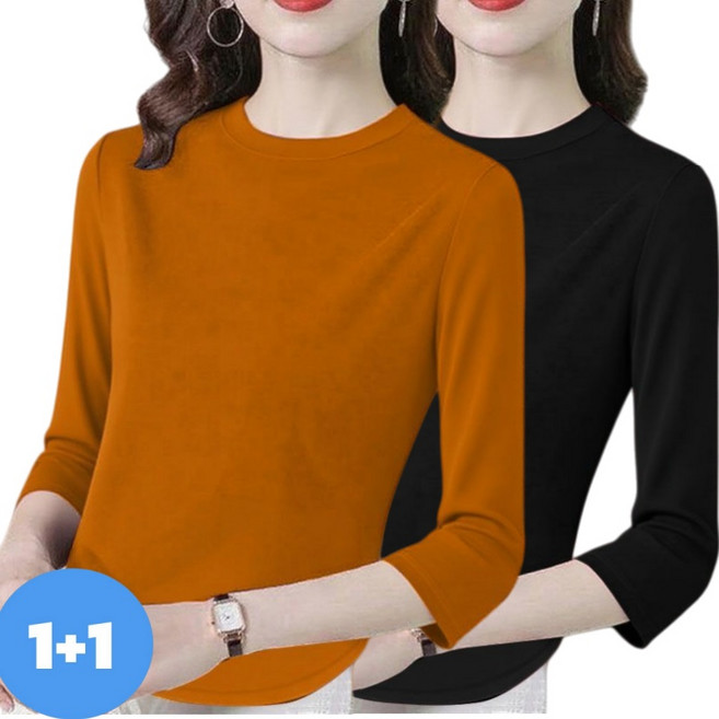 Makone 여성 라운드넥 8부소매 티셔츠 1+1 솔리드 심플 티 편안한 캐주얼 데일리룩