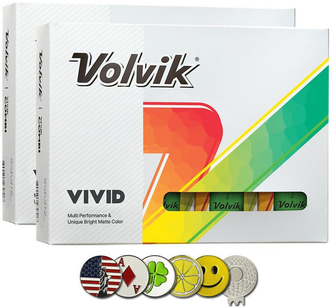 새로운 Volvik Vivid 멀티 퍼포먼스 및 3피스 구조 독특하고 밝은 매트 컬러 마감 골프공. 5개의 볼 마커와 1개의 자석 모자 클립이 있는 24개그린 150855