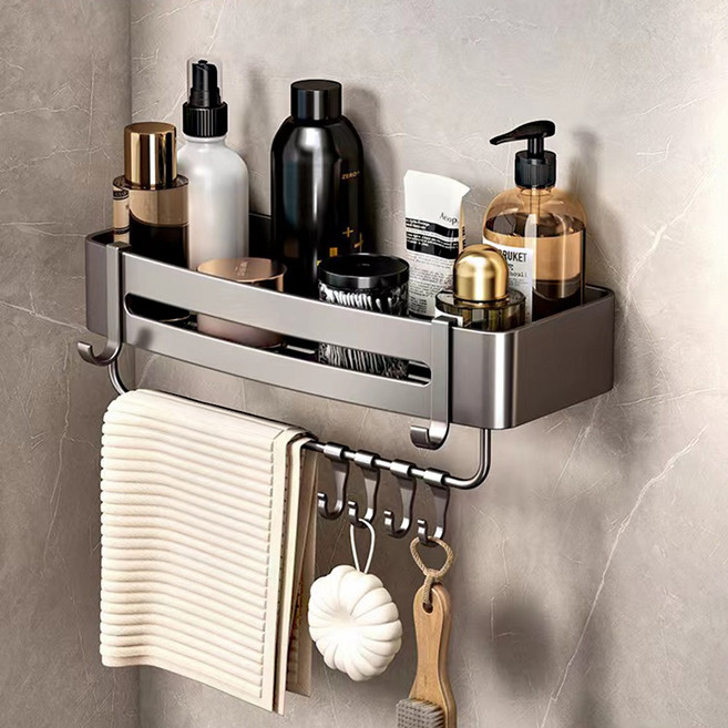 피노블릭 알루미늄 무타공 욕실 선반 일자 코너 접착식 화장실선반, 03-일자선반+고리+수건걸이