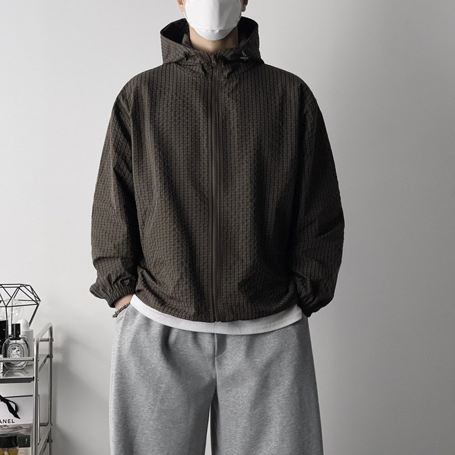 오프앤 스트링 체크 오버핏 후드 집업 바람막이