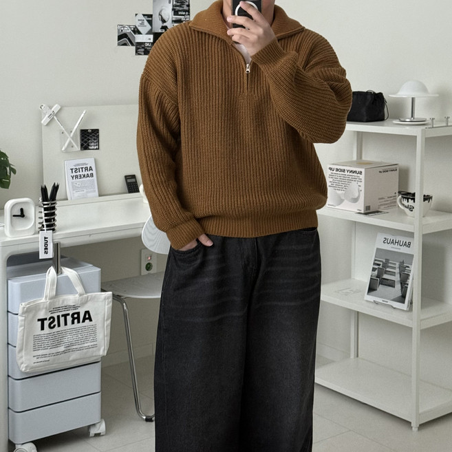 르위 오버핏 하이넥 반집업 니트 긴팔 빅사이즈 세미크롭 남녀공용