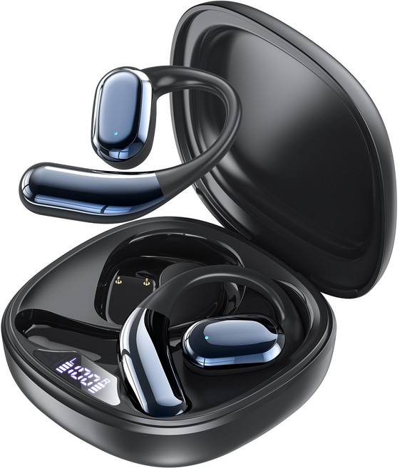 OMIIYA 귀걸이형 노이즈캔슬링 무선 블루투스 이어폰 오픈형 고음질, 블랙, E12