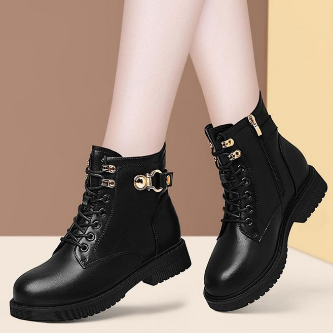 에쥬아 발편한 앵클 부츠 가죽 키높이 워커 부츠 옆지퍼 통굽 부츠 4cm