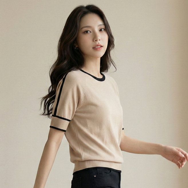 데일로엔 여성 여름 데일리 배색 포인트 니트 반팔 티셔츠