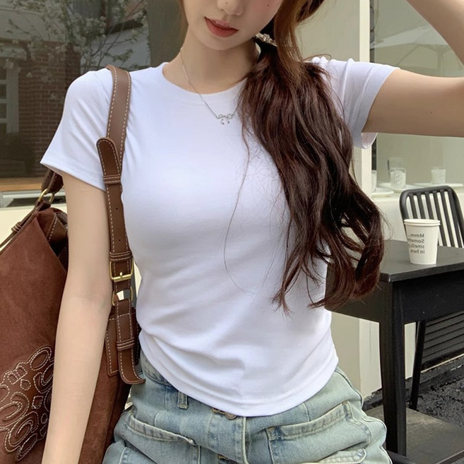 cammello 솔리드컬러 여성 슬림핏 세미크롭 티셔츠 데일리 무지 기본 반팔티