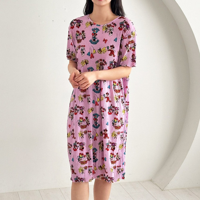 ECLL 할미 플리츠 여성 반팔 원피스 잠옷 촌캉스