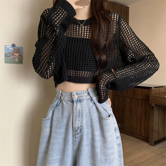 【梨卡】隔日到貨 女裝 罩衫 上衣 鏤空針織 薄款罩衫 長袖罩衫 短版針織 外搭罩衫 辣妹上衣 JR081, 黑色