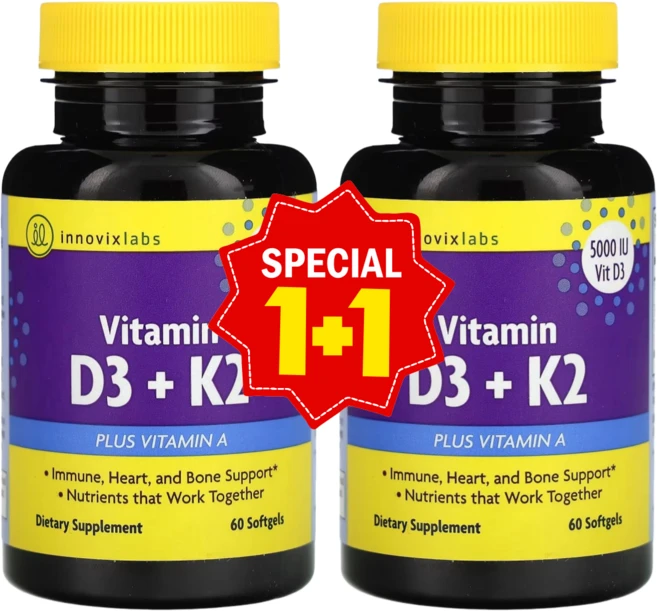 1+1 이노빅스랩스 비타민D3 5000IU + K2 3000IU 소프트젤 60정 비타민A 함유 / 해외직구 미국정품, 2개 - 쿠팡