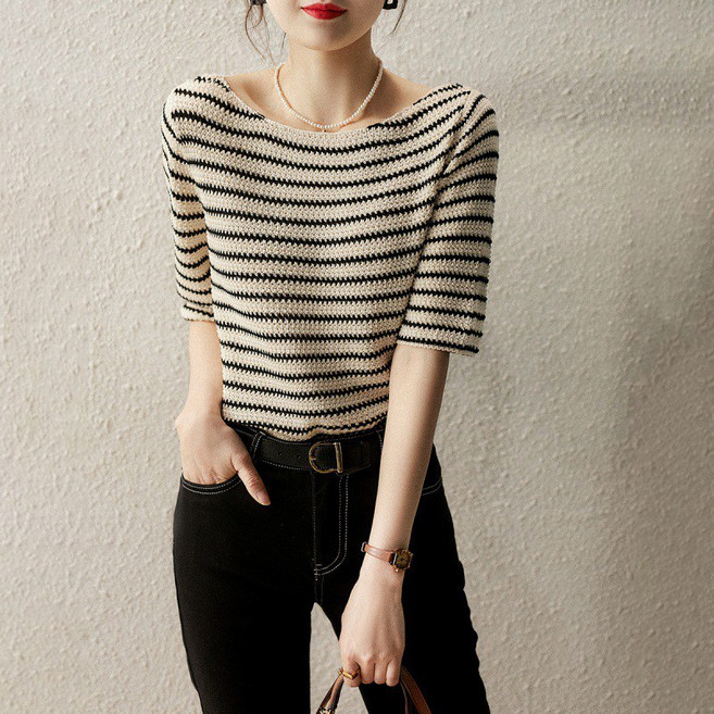 AOKADA 여성 보트넥 메쉬 스트라이프 반팔 니트 티셔츠