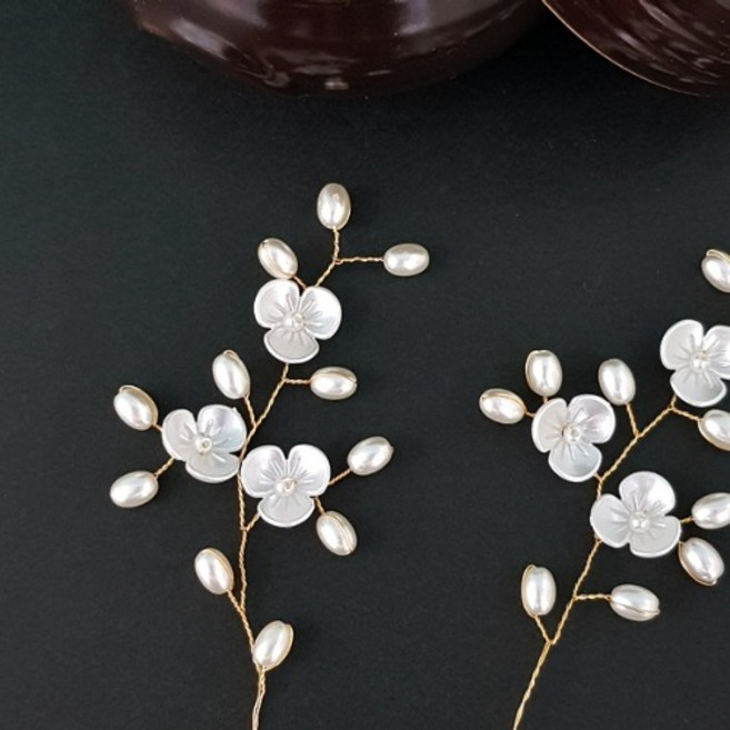 화이트 세잎꽃잎 진주 가지 장식 떨잠 비녀 뒤꽂이 한복 머리핀 머리띠 가채 만들기 외국인선물 명절선물포장