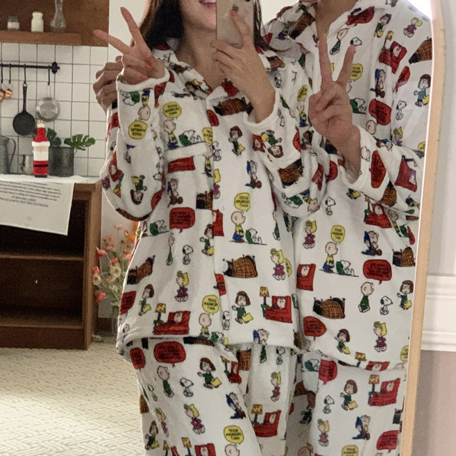 정품 레드 스누피 겨울 극세사 커플 수면 잠옷 여자 빅사이즈 파자마파티