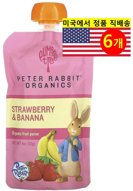 Pumpkin Tree Organics 어린이용 맛있고 영양이 풍부한 피터 래빗 오가닉 과일 퓌레 파우치 113g 3개, 6개 - 쿠팡