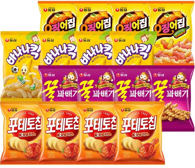 농심 포테토칩양념치킨맛4+꿀꽈배기4+바나나킥4+오징어집4, 16개, 50g