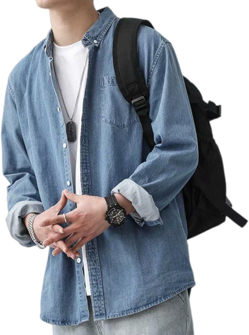 Makone 남성 일반칼라 워싱 캐주얼 남방 데일리 무지 데님 셔츠