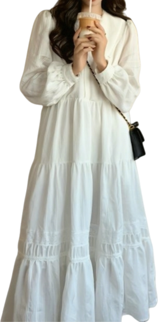 Makone 여성 봄 가을 레이스 패치 롱 원피스