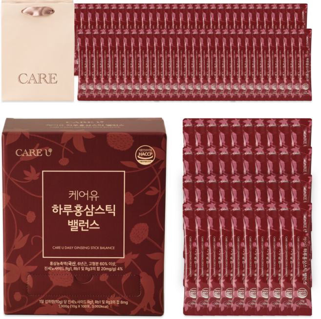 케어유 고려 홍삼스틱 국내산 6년근 실속형 대용량 하루 밸런스+쇼핑백, 1개, 100회분