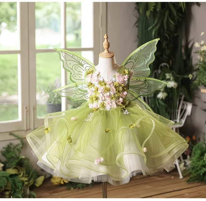 숲속 요정 코스튬 드레스 세트+나비 날개 어린이집 생일파티 여아 공주 옷