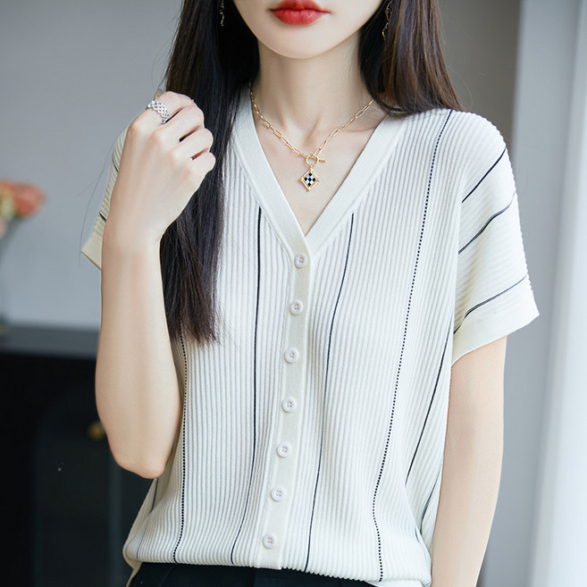 SAHINER 여성 반팔 니트 브이넥 단추 스트라이프 캐주얼 티셔츠 ATX72