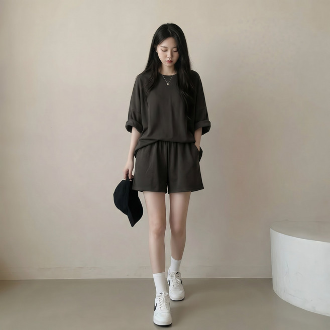 ANYOU 여성 반팔티 + 반바지 여름 순면 캐주얼 운동복 상하세트