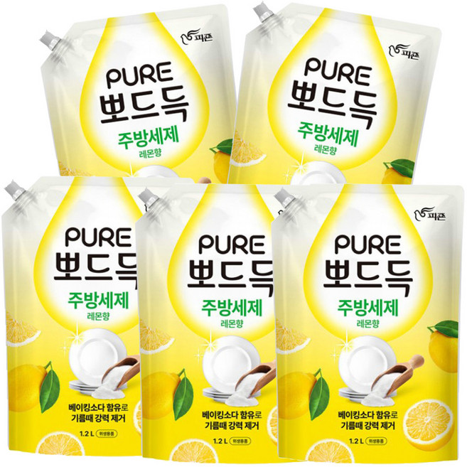 피죤 퓨어 뽀드득 주방세제 레몬향, 1.2L, 5개