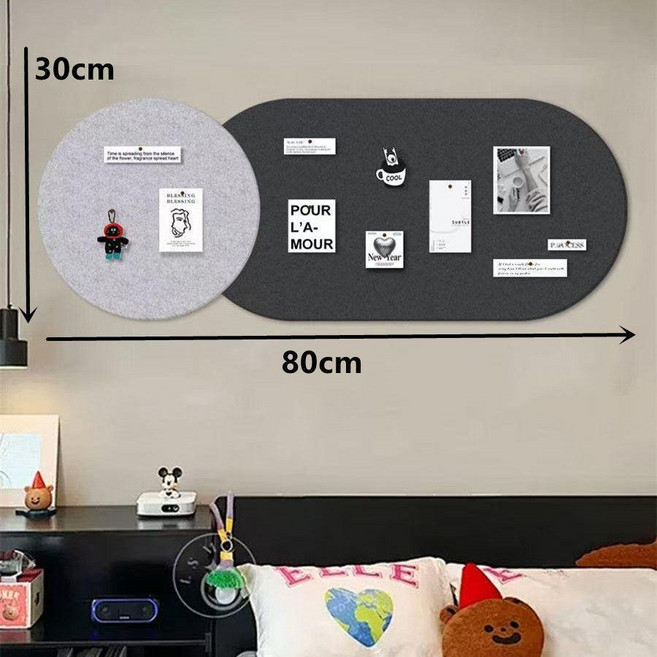 毛氈牆貼裝飾照片牆, 淺灰色+深灰色 圓形+創意橢圓 ,30*80cm 配套魔術貼+釘子