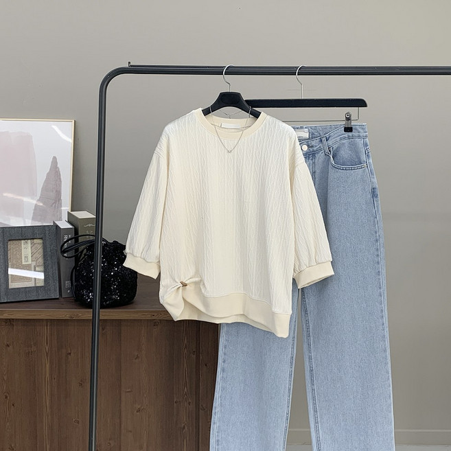 [행복여] 브라이튼 자가드 배색 루즈핏 반팔 맨투맨 티셔츠