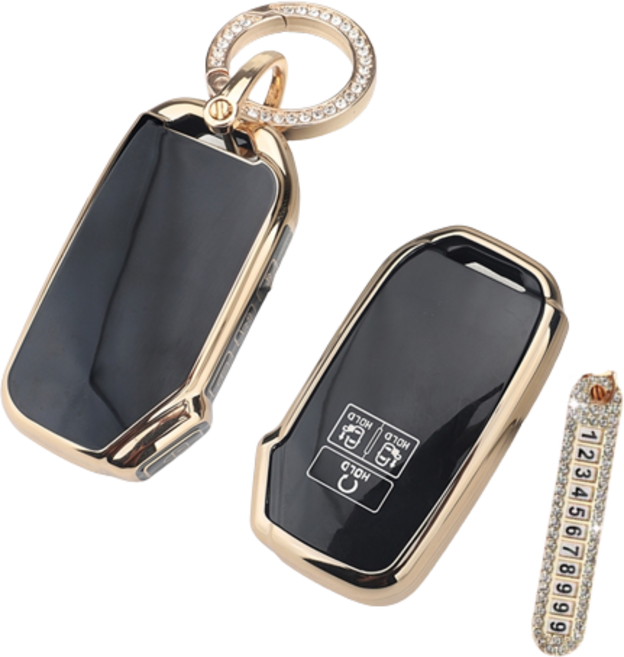 키에티 기아 신형 5버튼 스마트 차 키케이스 키홀더 + 분실방지 큐빅 전화번호판, 블랙 골드라인, KN04