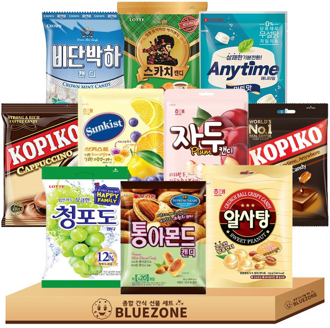 캔디 사탕 세트 비단박하140g 알사탕126g 애니타임92g 썬키스트125g 자두130g 스카치157g 청포도153g 통아몬드90g 코피코커피맛150g 코피코카푸치노120g, 10개, 90g