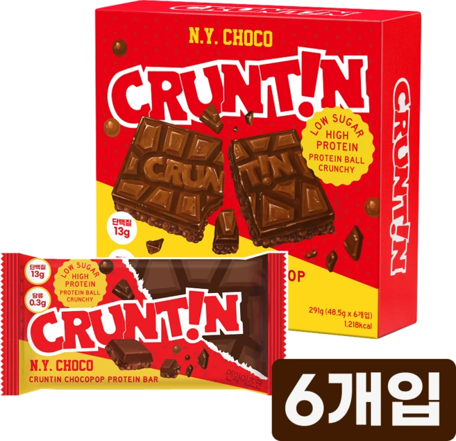 [본사공식몰] 크런틴 초코팝 단백질바 NY초코 당0g대, 6개, 48.5g - 쿠팡
