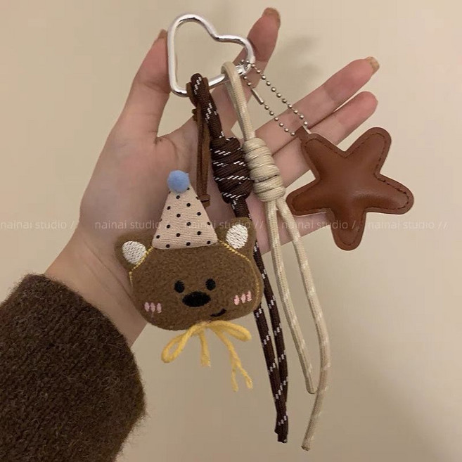 可愛毛絨小熊掛件 登山繩手繩 卡通玩偶書包包包掛飾 車鑰匙扣 萌趣創意設計配飾, 1個, 棕色小熊掛件