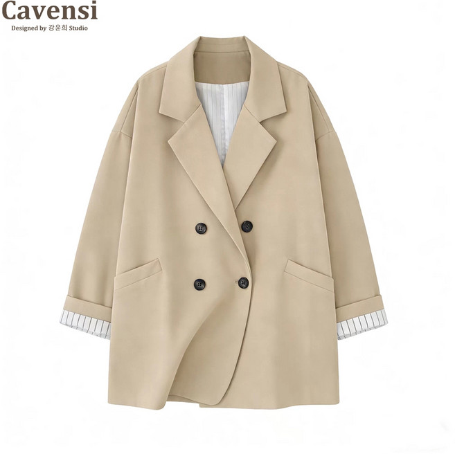 Cavensi 雙排釦拼接西裝外套 歐膩氣場 寬鬆大尺碼