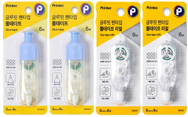 더주니 프린텍 글루핏 펜타입 노크식 풀테이프 본품 리필 세트 6mm x 6M, 1세트, 옐로우 2개 + 리필 2개