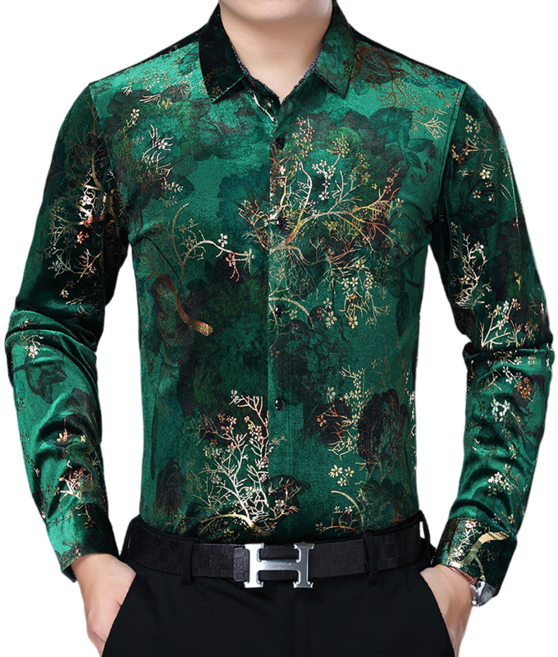 남자 댄스복 프린트 긴팔 셔츠 잔꽃 캐주얼 셔츠 빅사이즈 루즈핏 셔츠A555