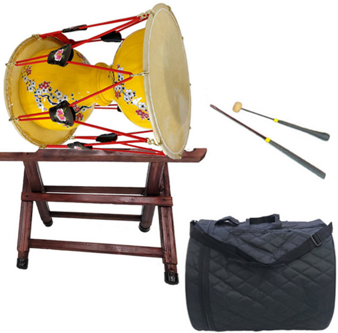 꽃문양 고고 장구 1자7치 + 카슈 받침대 세트, 노랑색, 1개