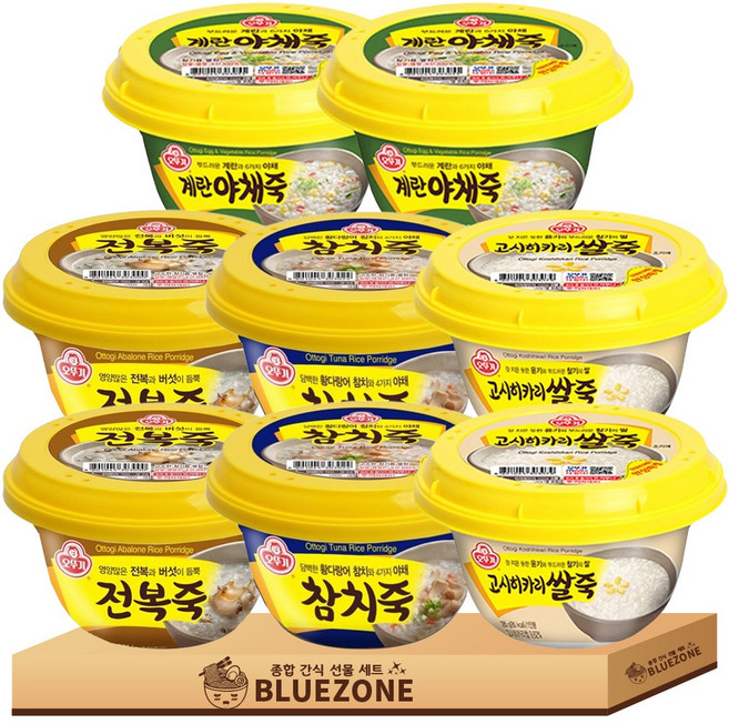 [블루존] 오뚜기 즉석 죽 4종세트 전복죽2 참치죽2 계란야채죽2 고시히카리쌀죽2, 1박스, 2.28kg