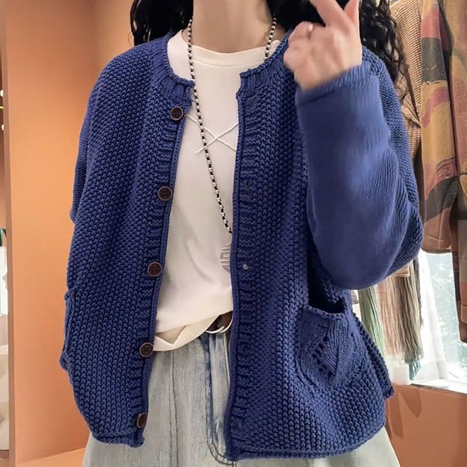 해피유통 여성 추동 니트 가디건 라운드넥 긴팔 버튼 디자인