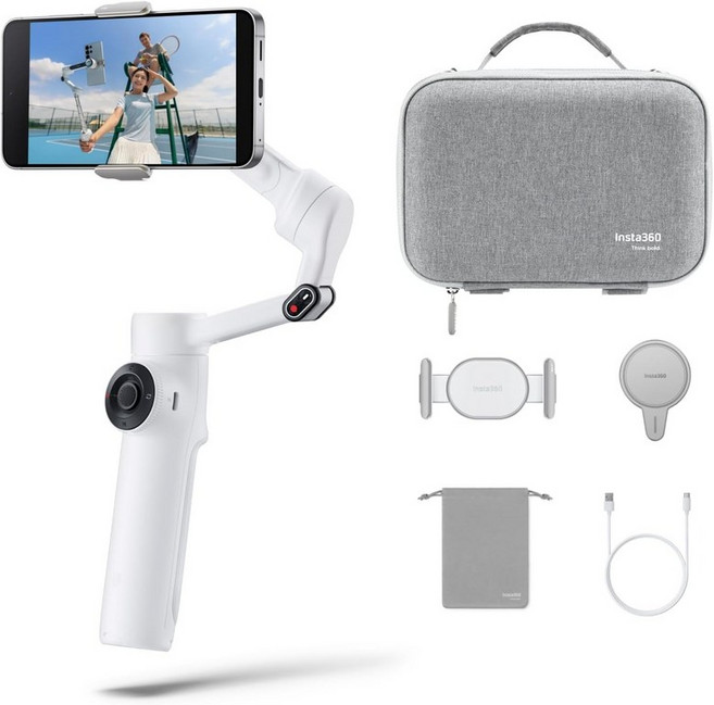 Insta360 플로우 2 온 더 고 번들 화이트 - 안드로이드 폴더블 AI 폰 짐벌 다중 사용자 추적 내장 삼각대셀피 스틱 리모컨 여행 및 브이로그 스태빌라이저, Flow 2 On-the-Go