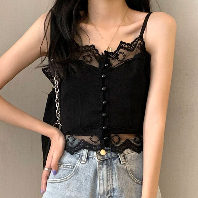 아이루리 웨이브 시스루 레이스 단추 나시 러블리 민소매 여성 캐주얼 예쁜 크롭탑
